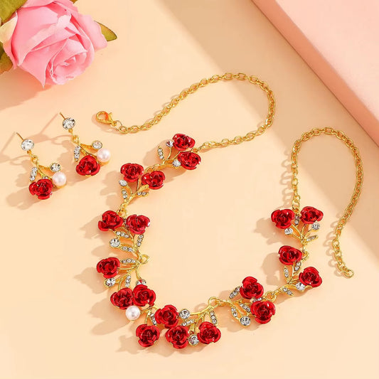 3Pcs/Set Romantic Lovely Red Rose Flower Rhinestone Shiny Chain Necklaces+Dangle Earrings，For Women Valentine'S Day Gift