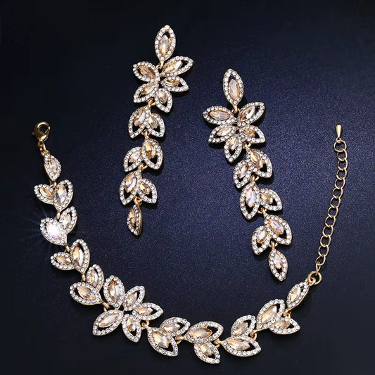 Gold Silver Color Crystal Bridal Jewelry Sets Leaves Shape Bridal Bracelet Earrings Wedding Jewelry Sets for Women Brta02