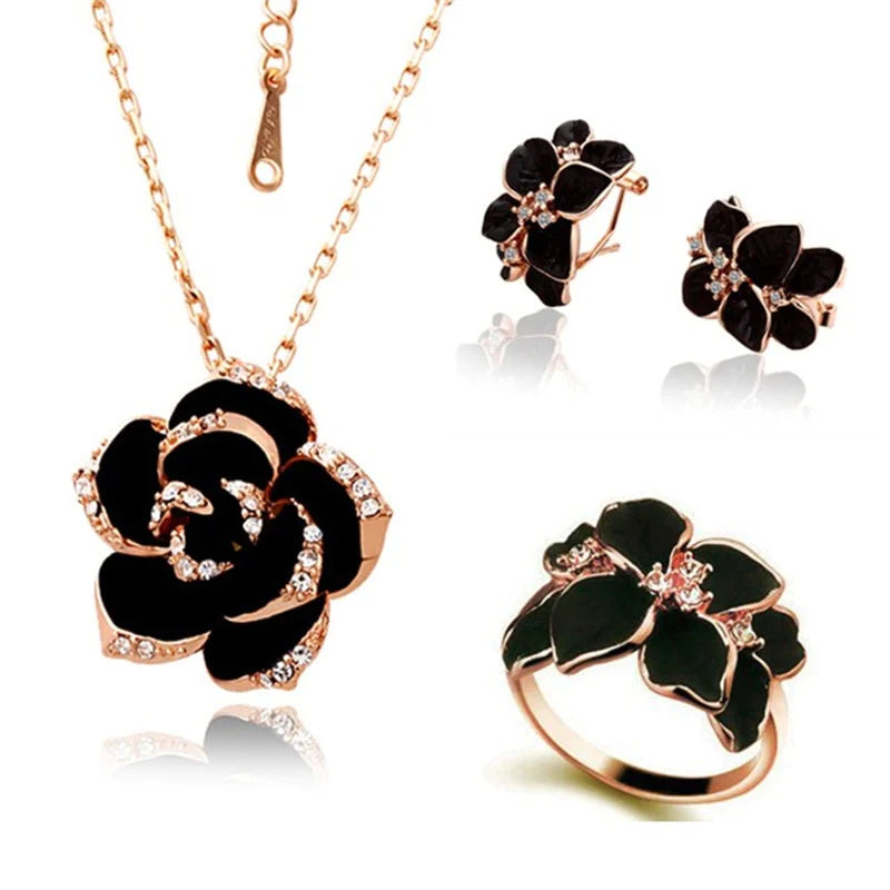 Fashion Rose Flower Enamel Jewelry Set Rose Gold Color Black Bridal Jewelry Sets for Women Wedding 2022 Best Selling Products