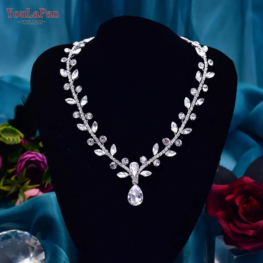 TOPQUEEN Elegant Crystal Woman Necklace Bridal Clavicle Chain Choker Wedding Party Diamante Brides Jewelry Anniversary Gift HN01