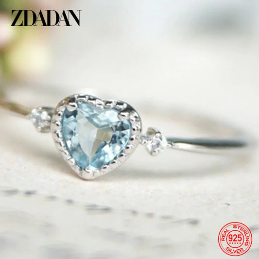 925 Sterling Silver Charm Heart Shaped Aquamarine Ring for Women Fashion Engagement Jewelry Party Gift