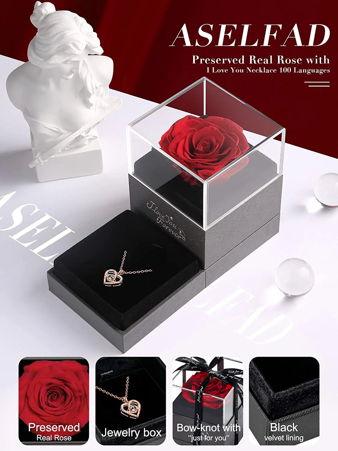 Preserved Red Real Rose with I Love You Necklace in 100 Languages -Eternal Flowers Rose Gifts for Mom Wife Girlfriend on Birthday Anniversary Christmas Mothers Day Valentines Romantic Gifts for Her