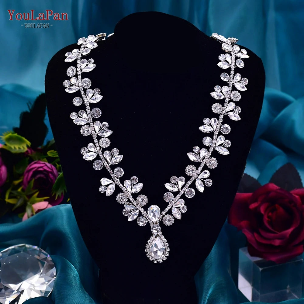 TOPQUEEN Elegant Crystal Woman Necklace Bridal Clavicle Chain Choker Wedding Party Diamante Brides Jewelry Anniversary Gift HN01